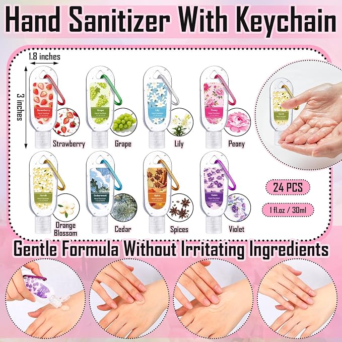24 Pack Scented Hand Sanitizers Keychain Gift Flower Scented Mini Hand Sanitizer Bulk 1 oz Travel Size Set Thank You Gift for Teacher Nurses Team Doctors Coworker Back to School Party Supplies
