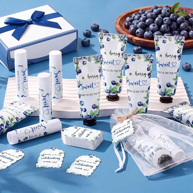 50 Sets 200 Pcs Blueberry Baby Shower Gifts Bulk Hand Lotion and Lip Balm Party Favors a Berry Sweet Is on the Way Theme Travel Size Hand Lotion and Lip Balm with Organza Bags Tags