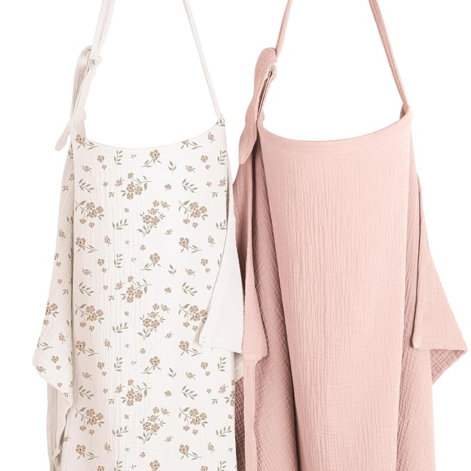 Konssy 2-Pack Muslin Nursing Cover Up for Breastfeeding Moms with Rigid Hoop, 100% Cotton, Lightweight & Breathable Breastfeeding Cover, Adjustable & Comfort