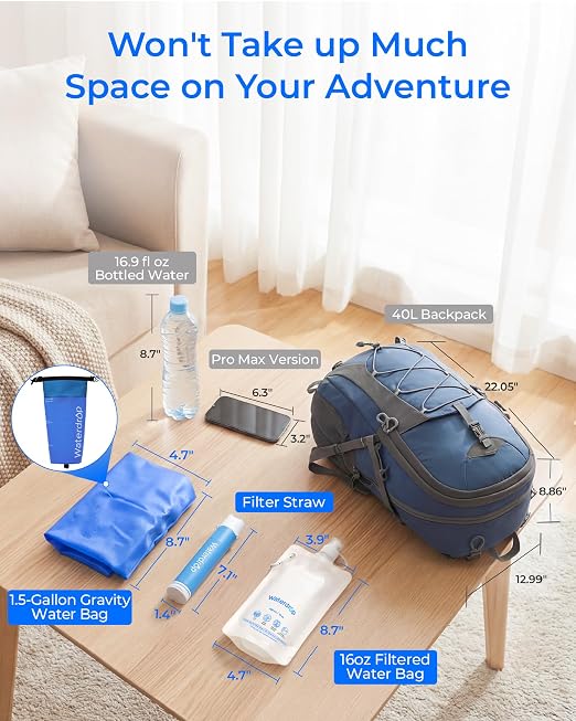 Waterdrop Gravity Water Filter Straw, Camping Water Filtration System, Water Purifier Survival for Travel, Backpacking and Emergency Preparedness, 1.5 gal Bag, 5 Stage Filtration, Pack of 2