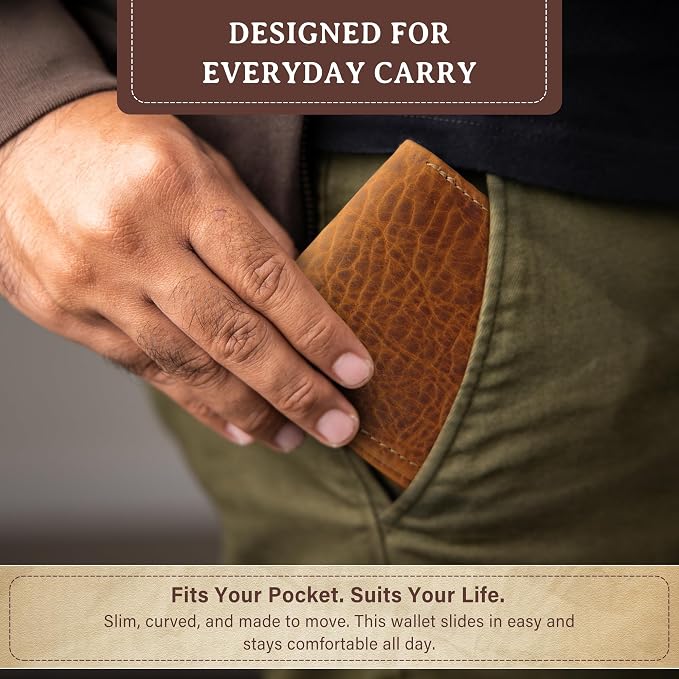 ROGUE WALLET ROGUE WALLET Genuine Bison Leather Wallets for Men - RFID Blocking Curved Front Pocket Design w/ 3 Card Slots, Full Billfold Section & More - Ideal Gifts for Men (Brown)
