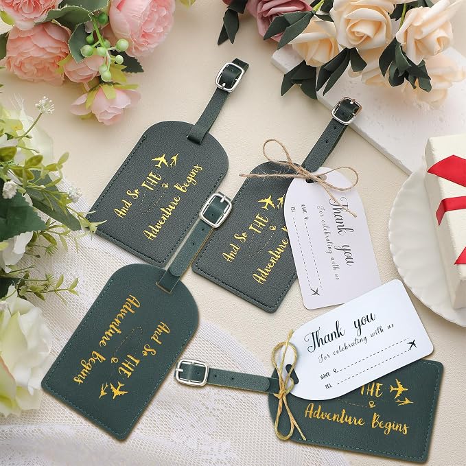 Sweetude 48 Sets Bulk Luggage Tags Wedding Favors and So The Adventure Begins Leather Luggage Tags for Suitcases with Name Card for Travel Themed Bridal Shower Graduation Party Favor(Dark Green)