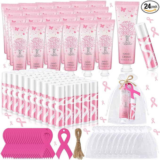 24sets/96pcs Breast Cancer Awareness Gifts Bulk Breast Cancer Lip Balm and Hand Cream Gift for Women Pink Ribbon Travel Size Hand Lotion and Lip Balm Bulk with Organza Bags Tags