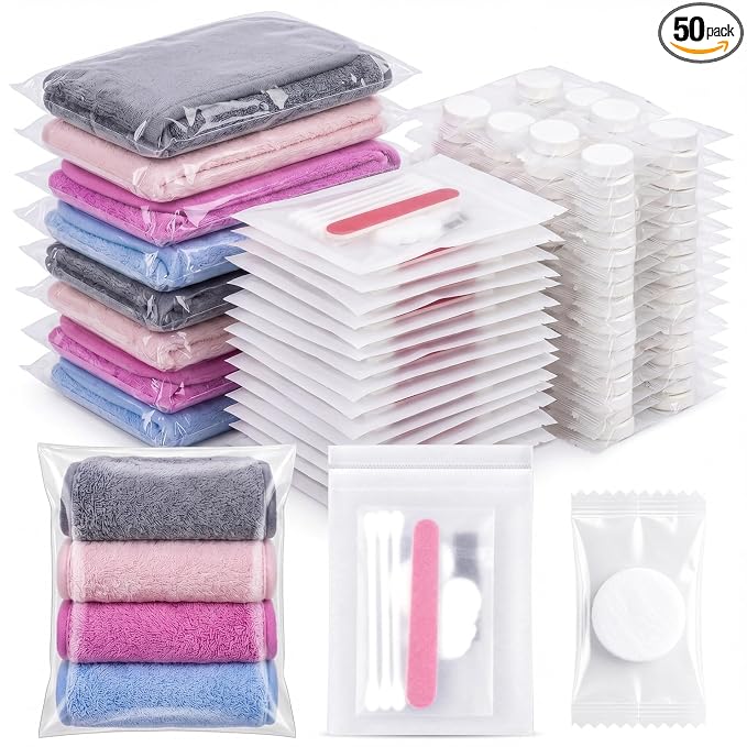 150 Pcs Travel Women Beauty Care Kit Bulk with Cotton Swab Nail File Vanity Pack Compressed Towel Makeup Remover Cloth Hotel Disposable Toiletries Kit Wedding Bathroom Basket