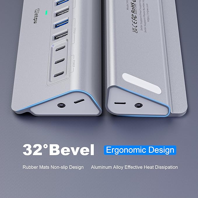 Powered USB Hub 10Gbps, intpw 12-Port USB 3.2 Hub with USB A/USB C 3.2, 7 USB 3.0, 2 PD 45W Charging Port, 65W Power Adapter and 5FT Cable, Aluminum USB Hub for Laptop, iPhone 17/16/15/PC