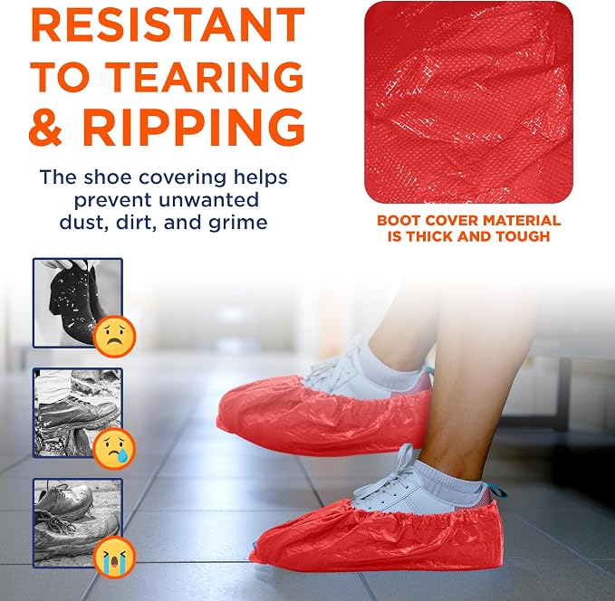 EZGOODZ Red Indoor Shoe Covers Disposable Non Slip, 16 x 6 Inch. 300 Pack Shoe Booties Disposable. PP Disposable Booties for Shoes Covers. Waterproof Surgical Boot Covers for Outdoor