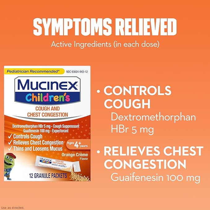 Mucinex Children's Chest Congestion Expectorant and Cough Suppressant Mini-Melts, Orange Cream, 12 Count (Packaging May Vary) (Pack of 2)