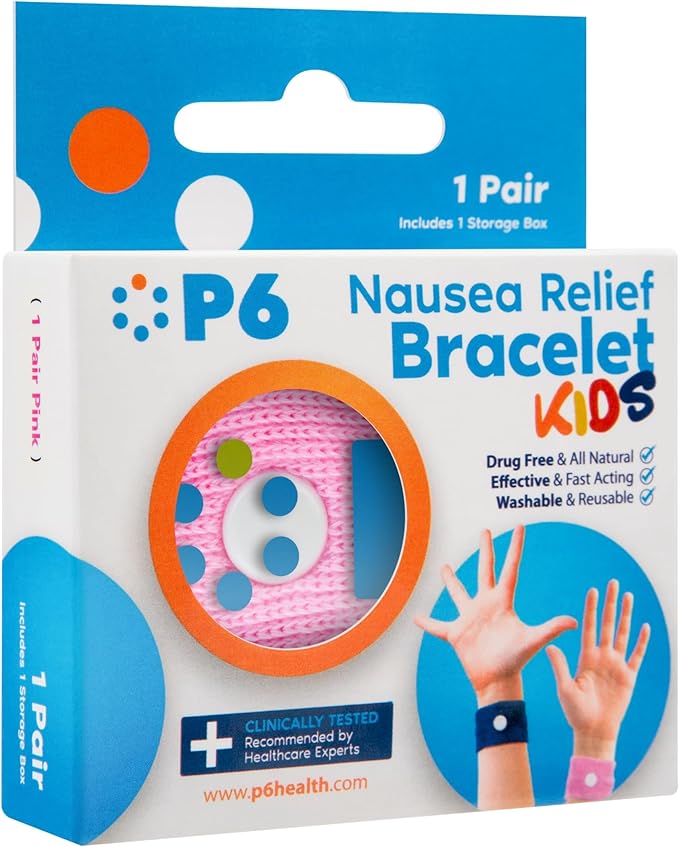 P6 Motion Sickness Bands for Kids Children’s Wristbands for Anti Nausea Sea Cruise Travel Car Sickness All-Natural Non Drowsy Relief (1 Pack, Pink)