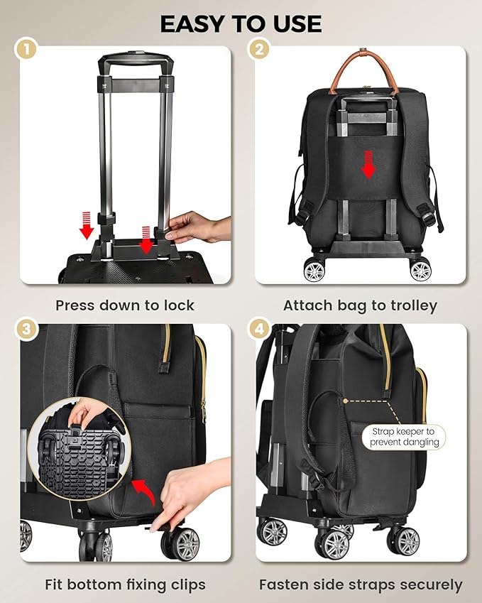 Ytonet Rolling Backpack for Women, 15.6 In Rolling Travel Backpack with 4 Spinner Wheels, Carry On Rolling Laptop Bag with Detachable Trolley, Stylish Wheeled Backpack for College Business Work, Black