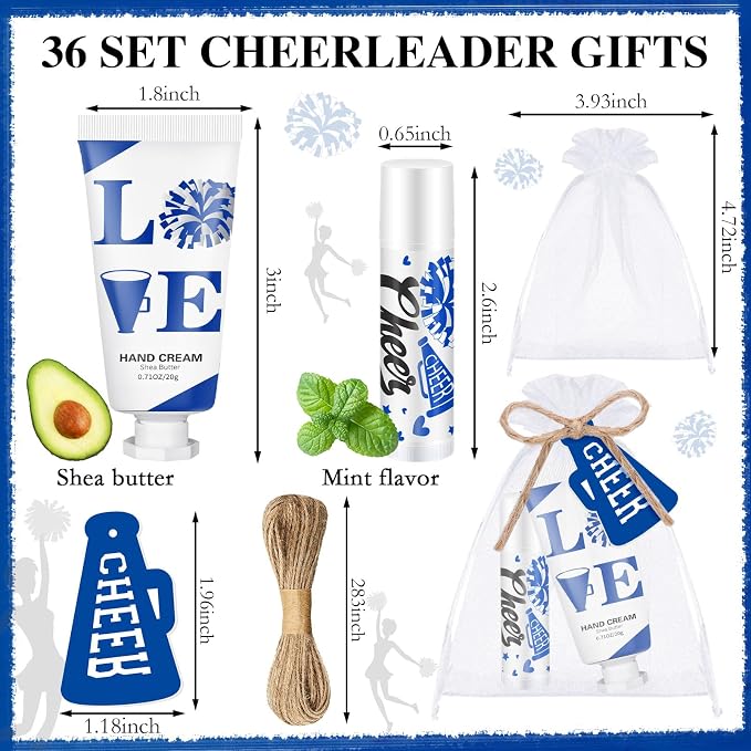 144 Pcs Blue Cheer Lip Balm Hand Cream Set Party Favors Cheer Teams Camp Gifts Include 36 Lip Balm 36 Moisturizing Hand Cream 36 Bags 36 Cards and Ropes for Guest Party Supplies Accessories