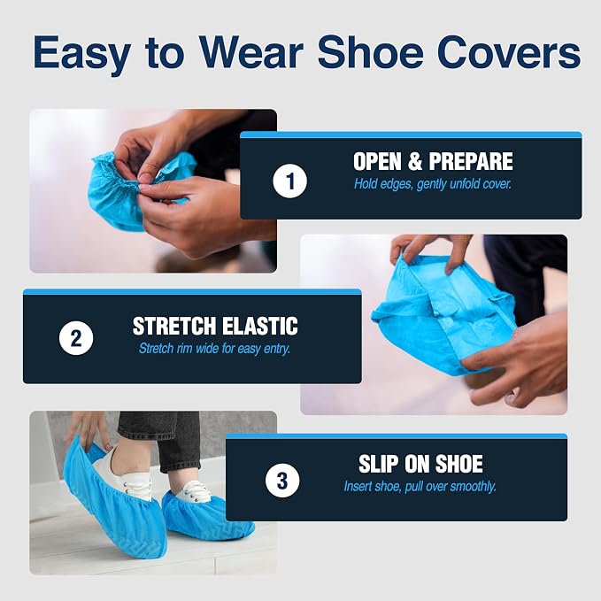 Blue Shoe Guys Premium Disposable Boot & Shoe Covers Booties | 100 Pack | Durable, Non-Slip, Non-Toxic, Water Resistant, Recyclable Protectors for Indoor & Outdoor | Large Size Fits Most Shoes