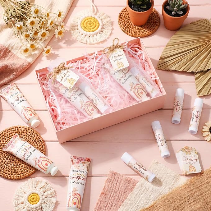 Lounsweer 24 Sets Boho Baby Shower & Baby Sprinkle Favors for Guests Rainbow Sunshine Hand Cream and Lip Balm Gift Set with Organza Bags and Thank You Cards Travel Size Lotion