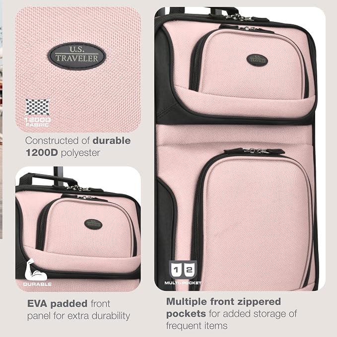 U.S. Traveler Rio Lightweight Softside Rolling Carry-on Suitcase, 2-Wheel Single, Pink