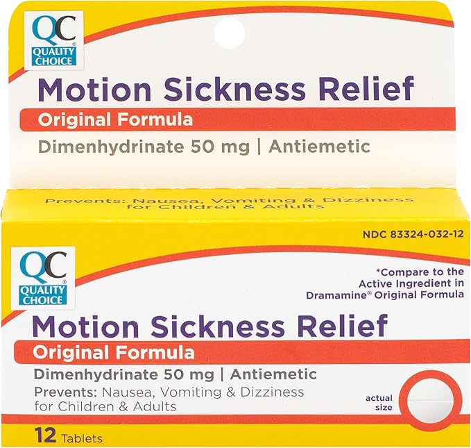 Quality Choice, Motion Sickness Relief, Prevents and Relieves Nausea, Dizziness & Vomiting, Original Formula Dimenhydrinate 50mg an Antiemetic, 12 Tablets Per Box, Car Sick, Seasickness Nausea Relief