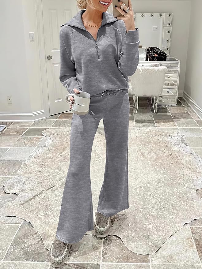 ANRABESS Women’s 2 Piece Outfits Half Zip Sweatshirt & Wide Leg Pants Airport Travel Lounge Matching Sets Sweatsuits Clothing