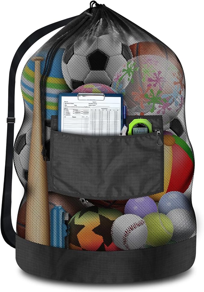 BROTOU Heavy Duty Soccer Ball Net Bag(100L Extra Large Capacity 10-12Balls), Drawstring Mesh Ball Bag with Zipper Pocket, Sports Equipment Storage Organizer Hold for Gym, Beach, Cloth, Swimming Gears