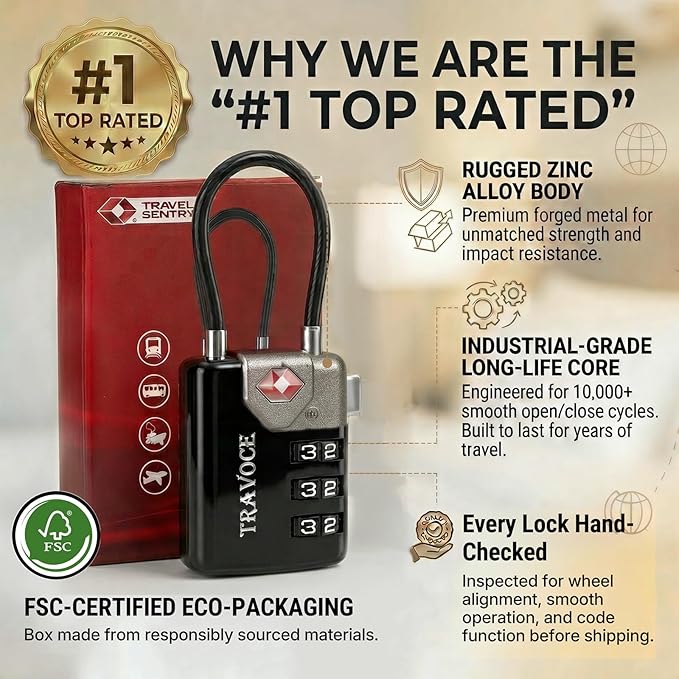 • TRAVOCE TSA Approved Luggage Locks - Heavy Duty 3 Digit Combination Cable Lock, Search Alert for Suitcases, Backpacks, Golf Bags, Tents, Violin and Camera Cases, 6 Pack, Black