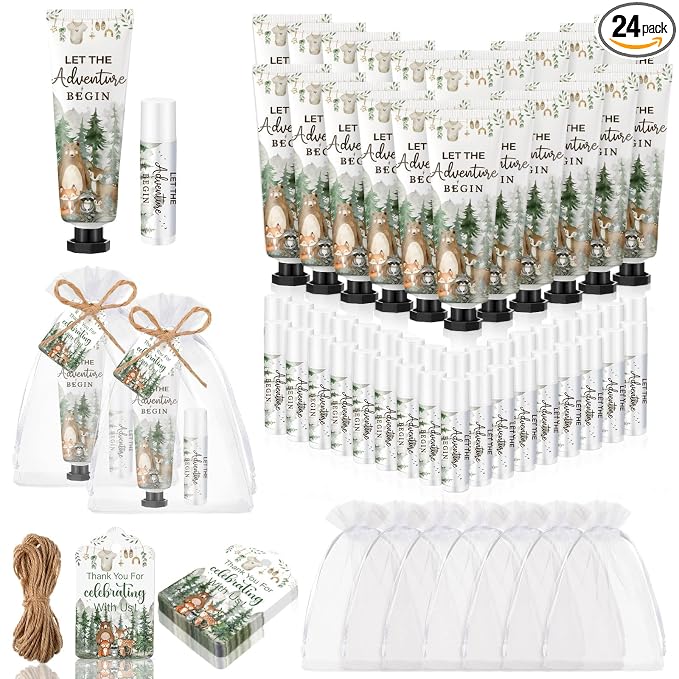 Lounsweer 24 Sets Woodland Baby Shower Hand Cream and Lip Balm Gift Woodland Animals Baby Shower Party Favors for Guest Forest Animals Wilderness Theme Travel Size Hand Lotion Birthday Party Supplies