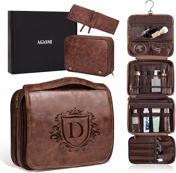 Laser-Engraved Initial 3-in-1 Hanging Travel Toiletry Bag 21st 30th 40th 50th 60th Birthday Gifts for Men, Personalized PU Leather Shaving Bag for Dad Husband Brother Boyfriend Reddish Brown D