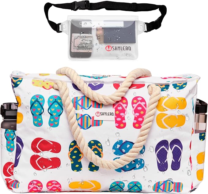 Beach Bag and Pool Bag Has Cooler Pocket, 7 Pockets Total, Zip Top. Family Size Waterproof Beach Tote