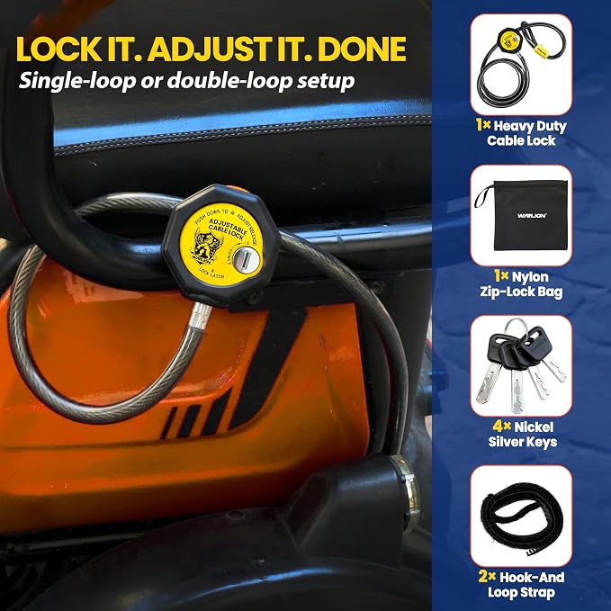 WARLION Heavy Duty Adjustable Cable Lock, 4ft x 3/8" Braided Steel Security Cable with Adjust-Release & Dual Loop, Outdoor Anti-Theft Lock for Bike, Spare Tire, Trail Camera, Cooler, Ski