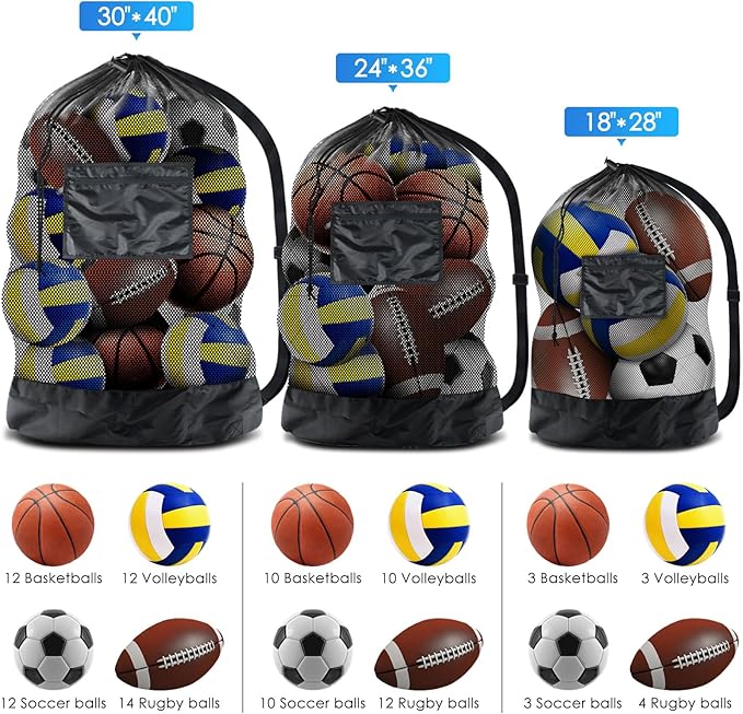 BROTOU Thickened Extra Large Sports Ball Bag Mesh Socce Ball Bag Heavy Duty Drawstring Bags Team Work for Holding Basketball, Volleyball, Baseball, Swimming Gear with Shoulder Strap