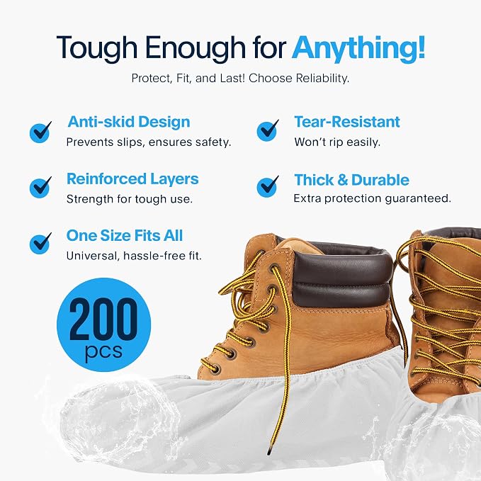 Premium Boot & Shoe Covers Disposable Booties - 200 Pack - Durable, Non-Slip, Non-Toxic, Water Resistant, Recyclable Protectors for Indoor & Outdoor - Large Size Fits Most Shoes
