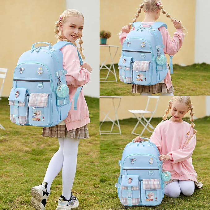 Backpack for Girls 15.6 Inch Laptop School Bag Kids Elementary College 3pcs Backpacks Lunch box Pencil Case Set Bookbags for Girls Teen Women Student Blue