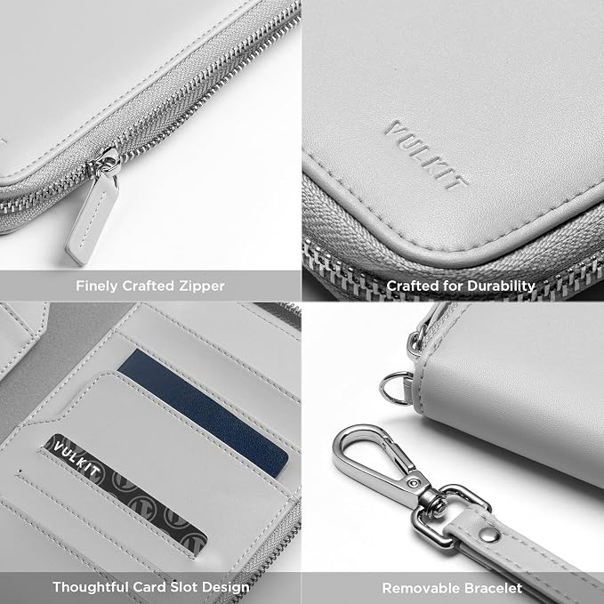 VULKIT Family Passport Holder for 4 Passports - RFID Blocking Travel Wallet Holds Up to 5, Organizer with 4 Slots for Cards & SIM, Secure Zipper Closure, Family Travel Essentials (Grey)