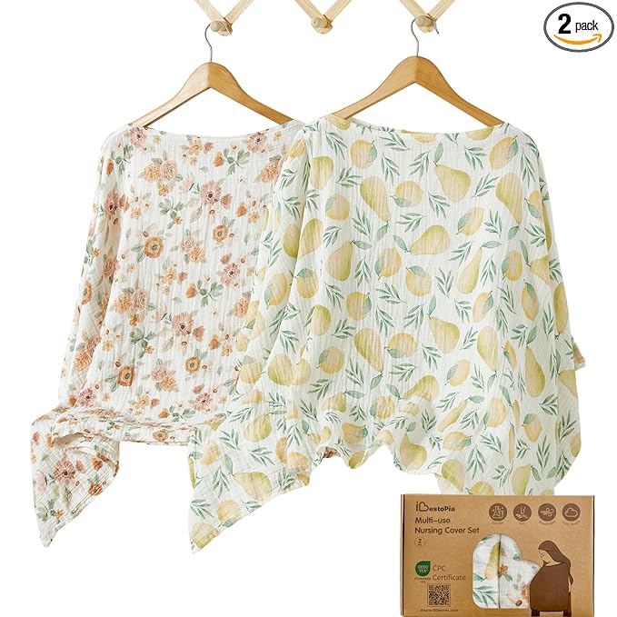 Muslin Nursing Cover for Breastfeeding – 360° Full Privacy & Comfort, Soft Breathable Cotton, Multi-Use Cover for Baby Car Seat & Stroller, Gift Box Included (Lemon-Pear Blossom)