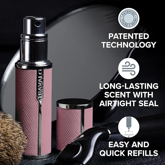 Travalo Milano Perfume Atomizer Bundle - Leak-Proof and TSA Approved for Air Travel - Reusable, Easy Fill Mini Pump Sprayer - Vegan Leather w/Polished Metal - White, Aqua, Perfect Pink - 3 Pack