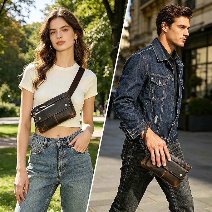 Genuine Leather Hiking Riding Travel Fanny Waist Pack Small Phone Pouch For Men Women FB811-29 (100% Leather-The 8136 Brown)