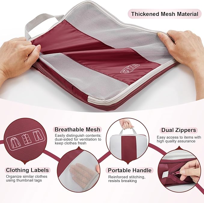 10 Set Compression Packing Cubes for Travel Essentials,Compressible Expandable Packing Cubes for Suitcase,OlarHike Luggage Garment Bags for Travel,Handy Helper for Organizing Clothes(Wine Red)