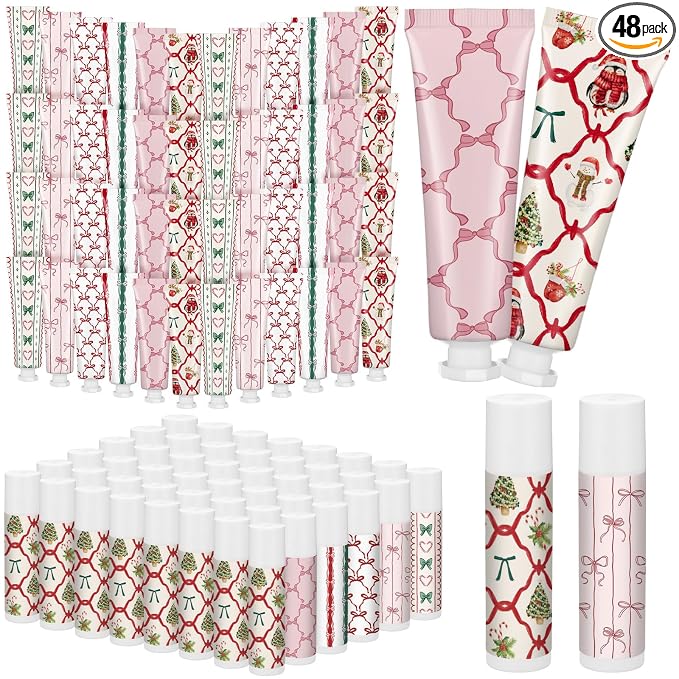 96 Pcs 48 Sets Valentine's Day Hand Cream and Lip Balm Bulk Gift Set, 6 Scents Coquette Bow Valentine's Day Travel Size Hand Lotion Lip Care Gift for Women Staff Coworkers