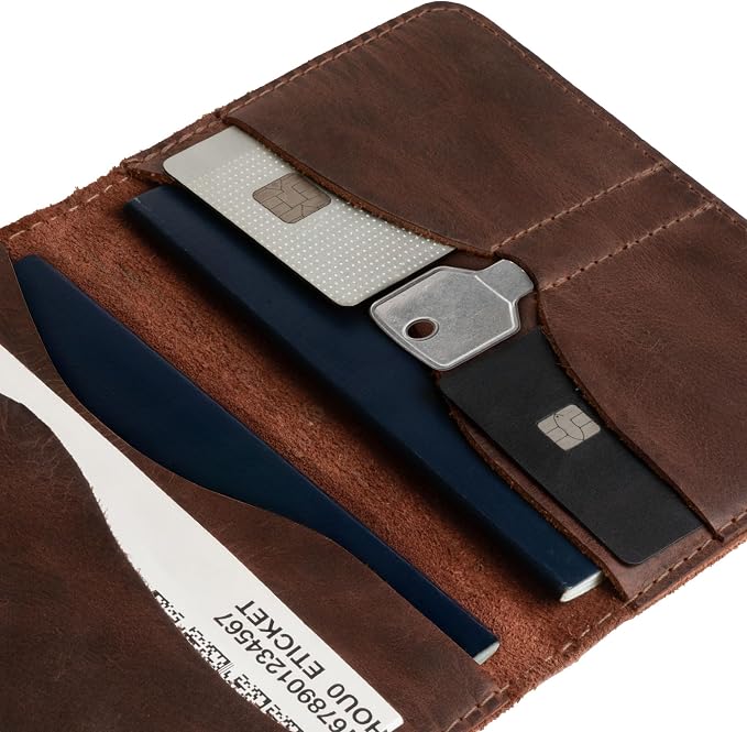 Hide & Drink, Double Passport Cover with Slots for Bills and Keys, Rustic Case, ID Organizer, Full Grain Leather, Handmade Accessories, Bourbon Brown