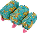Saffron Marigold Quilted Makeup Bag Set of 3, Hand Block Printed Cotton Cosmetic Bags for Women, Waterproof Lined Travel Toiletry Bag, Coquette Aesthetic, Handmade Gift, Turquoise Cheetah Trails
