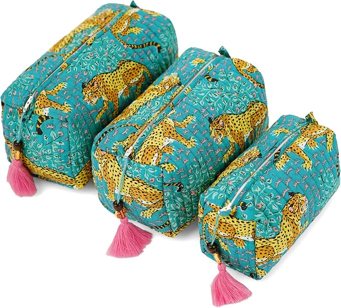 Saffron Marigold Quilted Makeup Bag Set of 3, Hand Block Printed Cotton Cosmetic Bags for Women, Waterproof Lined Travel Toiletry Bag, Coquette Aesthetic, Handmade Gift, Turquoise Cheetah Trails