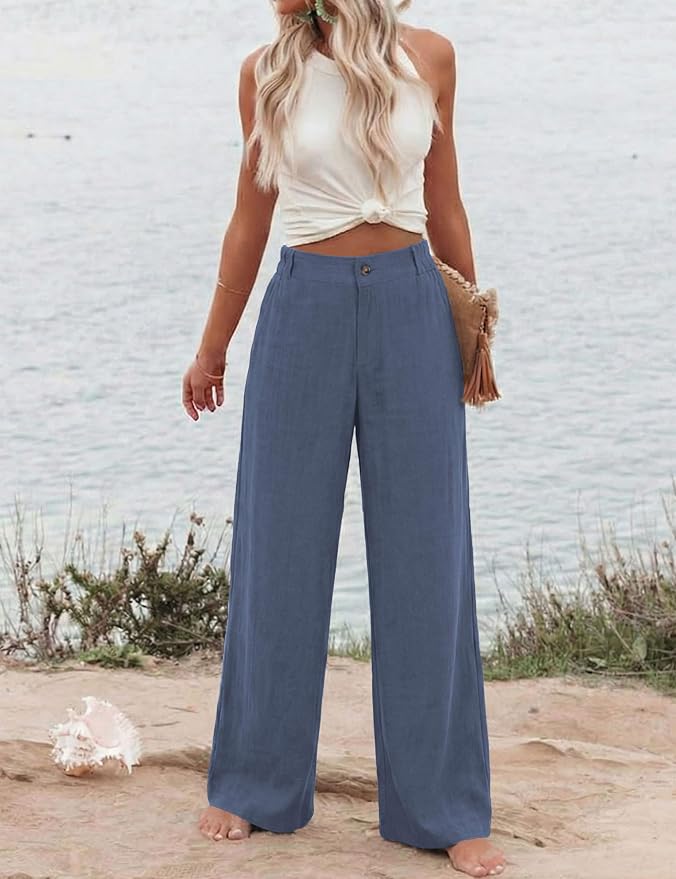 Hooever Womens Cotton Linen Pants Casual Button Up High Waisted Wide Leg Trousers