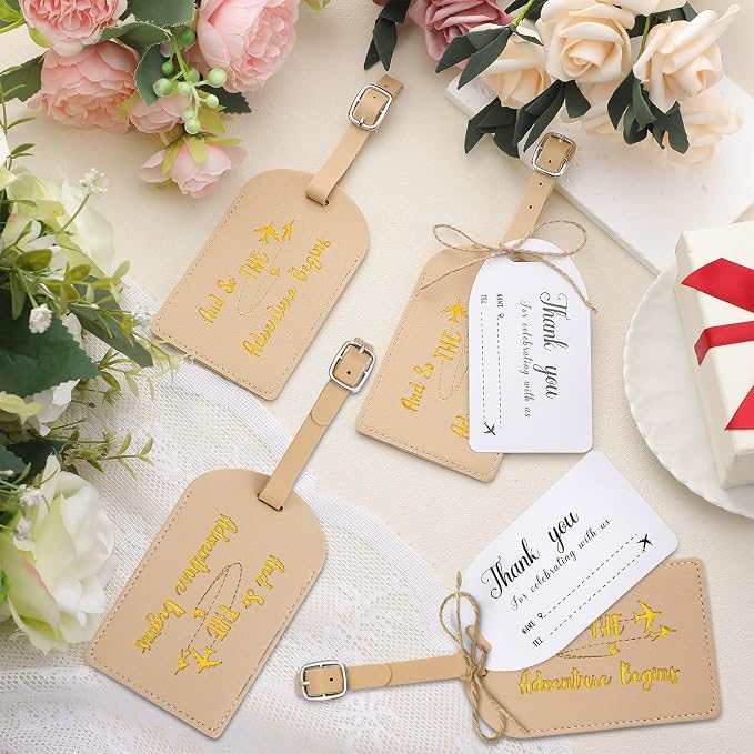 Sweetude 48 Sets Bulk Luggage Tags Wedding Favors and So The Adventure Begins Leather Luggage Tags for Suitcases with Name Card for Travel Themed Bridal Shower Graduation Party Favor(Apricot)