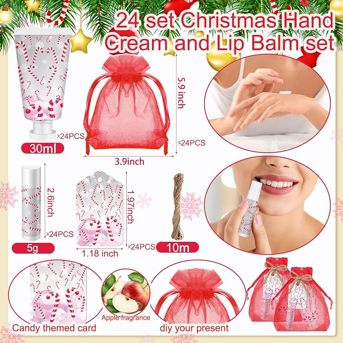 24 Sets Christmas Candy Cane Pattern Hand Cream and Lip Balm Gifts Bulk Candy Apple Hand Lotion for Women Travel Size Xmas Wedding Shower Favors for Guests