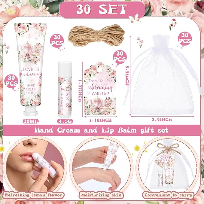 Loopeer 30 Sets Love Is Brewing Bridal Shower Hand Cream and Lip Balm Gift Bridal Shower Party Favors Thank You Gift for Guest Travel Size Wedding Party Supplies (Pink Floral)