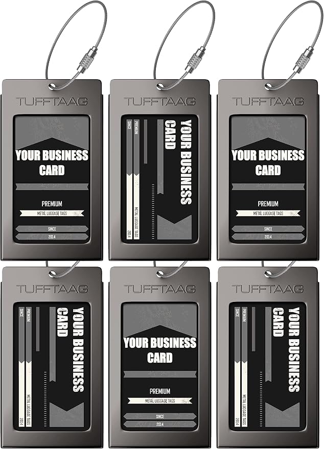 Luggage Tags Business Card Holder by TUFFTAAG - Durable Travel ID Bag Tag, Gunmetal, 6 Tags