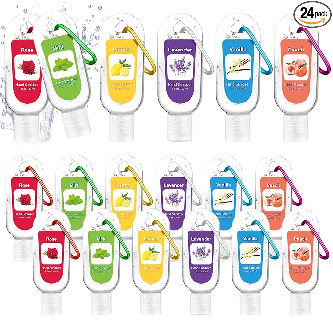 24 Pcs Fruit Scented Hand Sanitizer Keychain Gift Mini Lavender Hand Sanitizer Gel Bulk 1 oz Employee Appreciation Gift for Nurse Teachers Team Doctors Women Coworker Party Back to School