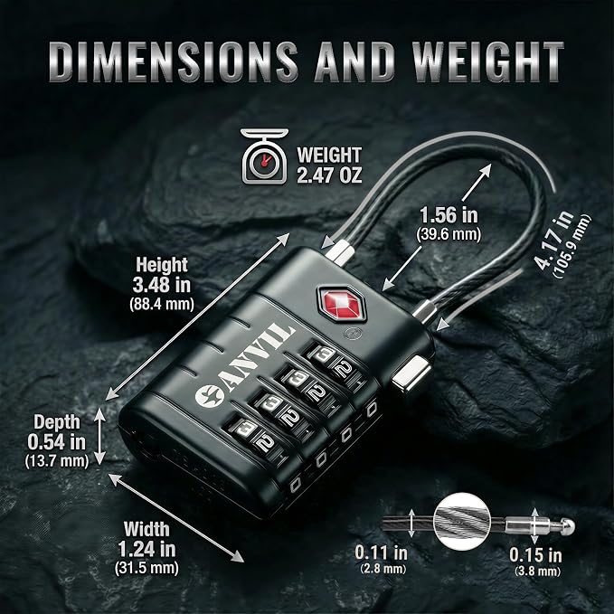 ANVIL TSA Approved Luggage Locks with Search Alert Indicator, 4-Digit Combination Suitcase Lock, Advanced TSA008 Core Heavy Duty Anti-Theft Travel Lock for Double Zippers, Backpacks