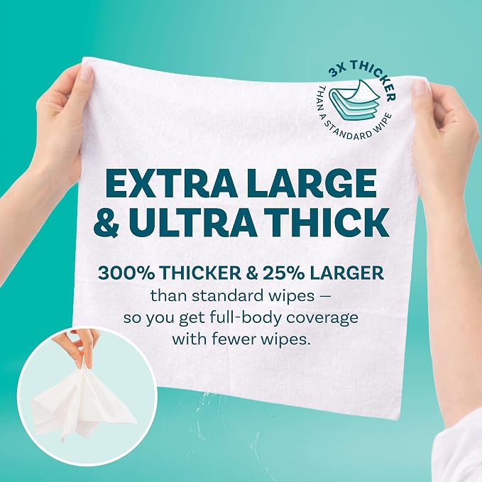 Extra Large Bath Wipes for Adults Bathing No Rinse - 80 Ultra Thick Disposable Body Wipes for Men, Women & Elderly - Great for Gym, Camping, Post Surgery