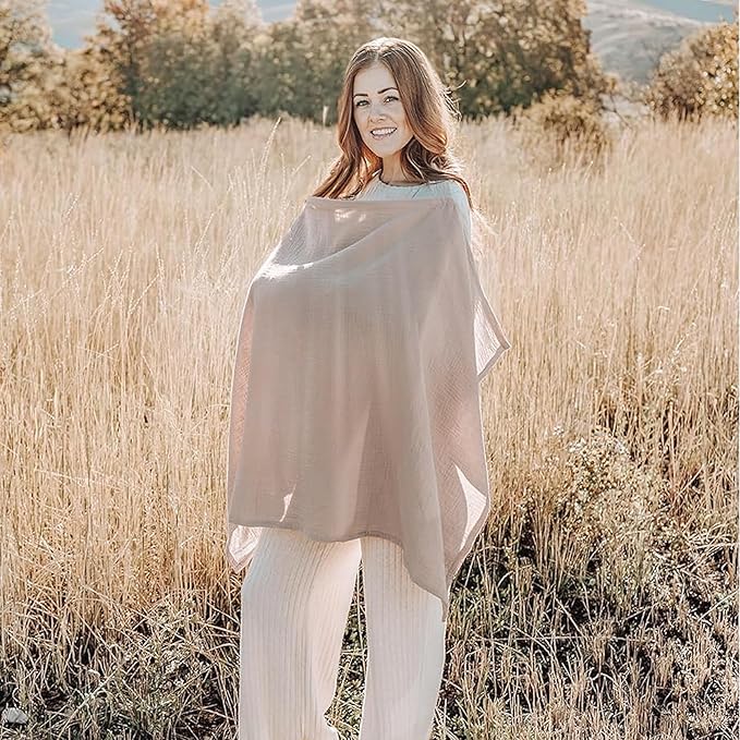 Konssy Muslin Nursing Cover for Baby Breastfeeding, Breathable 100% Cotton Breastfeeding Cover with Rigid Hoop for Mother Nursing Apron, Multi-use Carseat Canopy (Taupe)