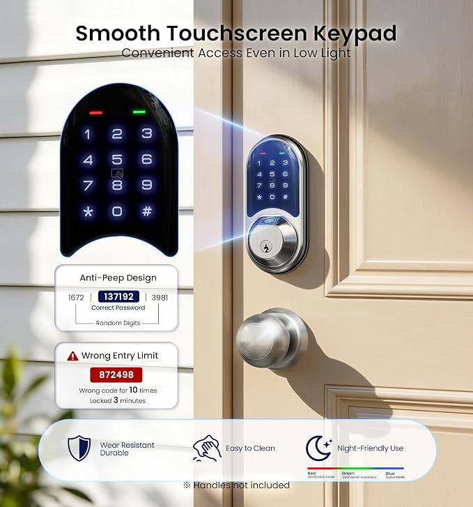 Veise RZ07 Fingerprint Smart Lock, 7-in-1 Smart Locks for Front Door, Keyless Entry Door Lock with App Control & Auto-Lock, Biometric Electronic Touchscreen Keypad Deadbolt, Satin Nickel