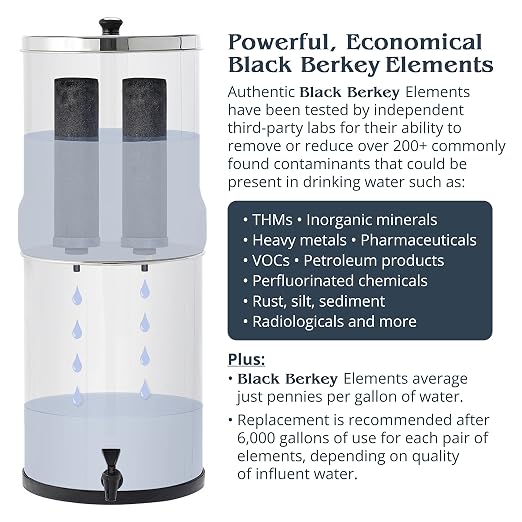 Travel Berkey Gravity-Fed Water Filter System with 2 Black Berkey Elements Plus Deluxe 7" Stainless Steel Water View Spigot