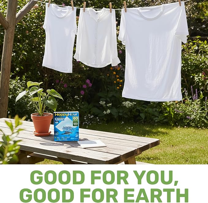 HAPPY HOUR Laundry Sheets Detergent 120 Loads Fresh Scent, 60 Sheets - Biodegradable Laundry Soap, Non Toxic, Plastic Free, Fights Tough Stains & Odors, Travel, Hypoallergenic for Sensitive Skin