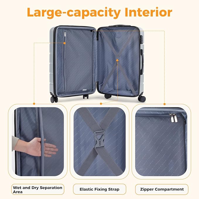NEWBULIG 28 Inch Checked Luggage, ABS Hard Shell Lightweight Rolling Expandable Suitcase with Smooth Spinner Wheels and TSA Lock for Business Trips and Daily Vacations, Light Grey